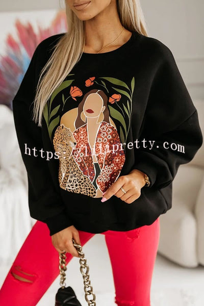 Unique Modern Feel Leopard Portrait Print Casual Sweatshirt