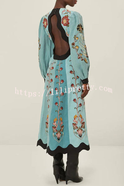 Flowing Beauty Linen Blend Floral Print Balloon Sleeve Open Back Midi Dress