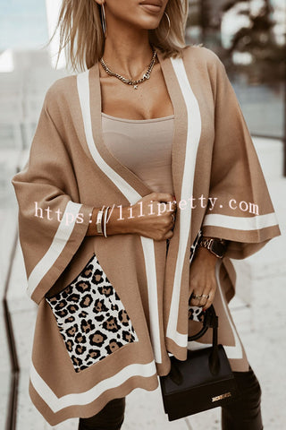 Warm and Comfortable Knit Colorblock Leopard Print Pocket Oversized Poncho Sweater