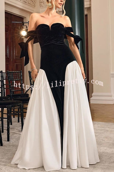 Phantom of The Opera Velvet Contrast Patchwork Bow Sweetheart Neck Maxi Dress