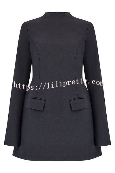 Ultimate Muse High Neck Long Slit Sleeve Flap Pocket Mini Dress