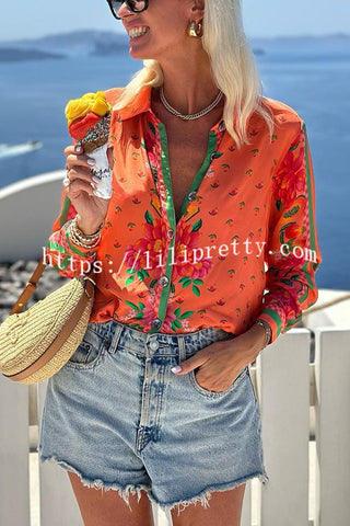 Fruit Garden Unique Print Long Sleeve Button Down Oversized Blouse