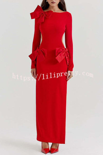 Lovely Bow Cutout Button Back Zipper Long Sleeve Maxi Dress