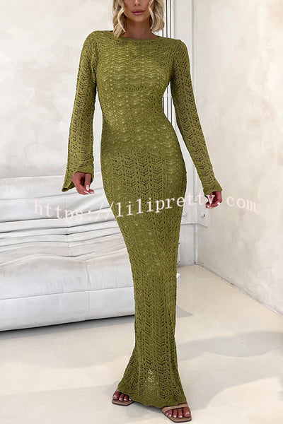 Avie Knit Textured Fabric Backless Tie-up Long Sleeve Stretch Maxi Dress