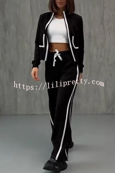 Andi Contrast Color Zipper Stand Collar Jacket and Drawstring Waist Pocketed Loose Pants Set