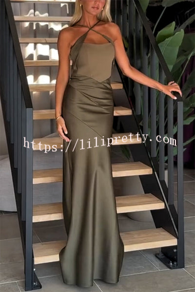 Dreya Satin Patchwork Cross Shoulder Straps Gown Maxi Dress