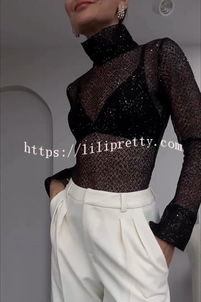 Shimmering Twilight Sequin Turtleneck Long Slit Sleeve H-line Blouse