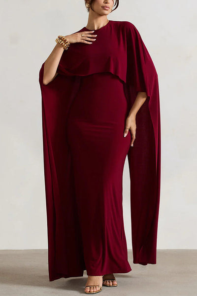 Charming Look Crew Neck Cape Sleeve Stretch Maxi Dress