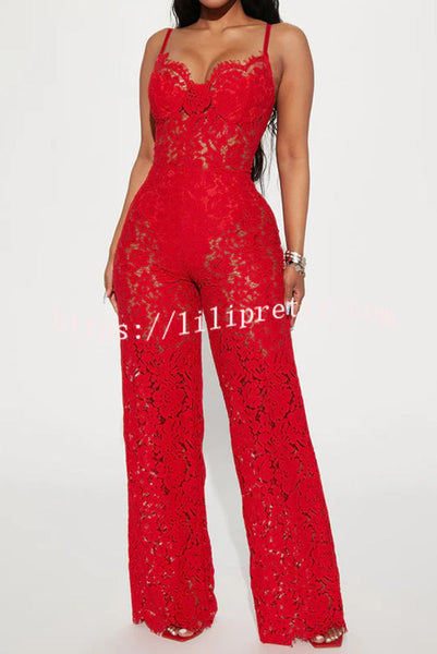 Sexy Moment Floral Lace Lined Suspender Wide Leg Stretch Jumpsuit