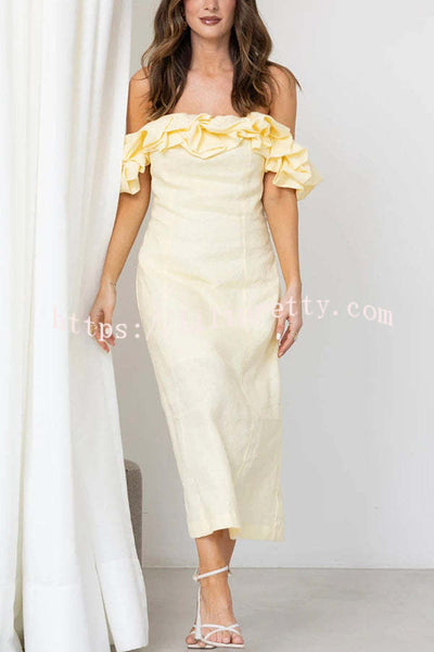 Exquisite and Comfortable Linen Blend Cloud Ruffles Back Smocked Slip Midi Dress