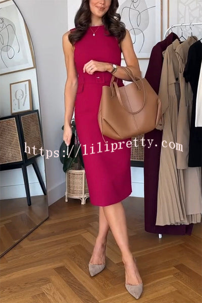 Feel Formal Belted Tailored Stretch Pencil Midi Dress