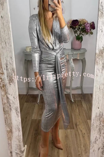 Shiny Lady Metallic Fabric Padded Long Sleeve Tie-up Ruched Midi Dress