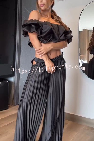 Jaelyn Off Shoulder Cloud Shape Crop Top and Waist Hollow Pleated Loose Pants Set