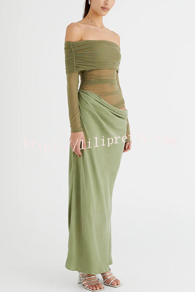 Exquisite Sexy Mesh Patchwork Off Shoulder Cutout Ruched Maxi Dress