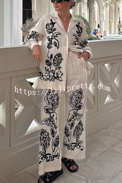 Bella Linen Blend Embroidered Floral Print Long Sleeve Loose Shirt and Elastic Waist Pocket Pants Set