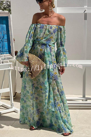 Joyful Journeys Off Shoulder Floral Print Elastic Waist Ruffle Maxi Dress