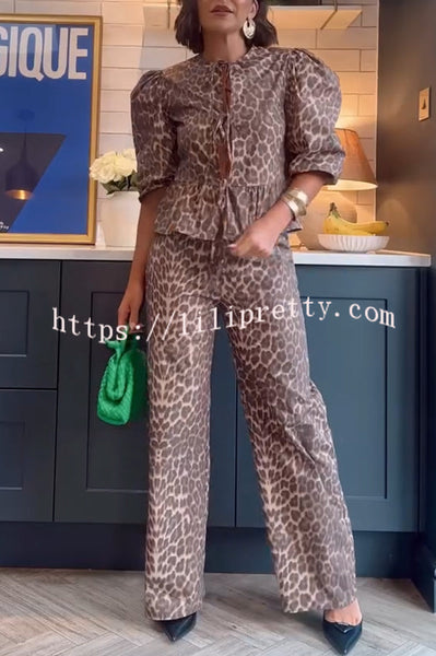 Kiana Leopard Print Peplum Tie Puff Sleeve Shirt and Elastic Waist Pocketed Loose Pants Set