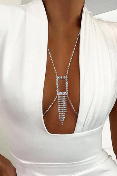 Sexy Rhinestone Hollow Square Tassel Body Chain