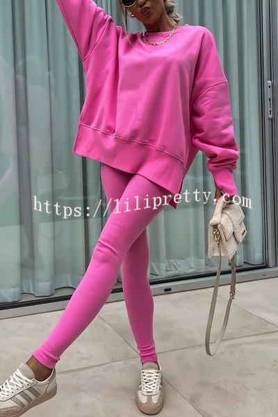 Solid Color Loose Long Sleeve SlitSweatshirt and Elastic Waist Tight Pants Set