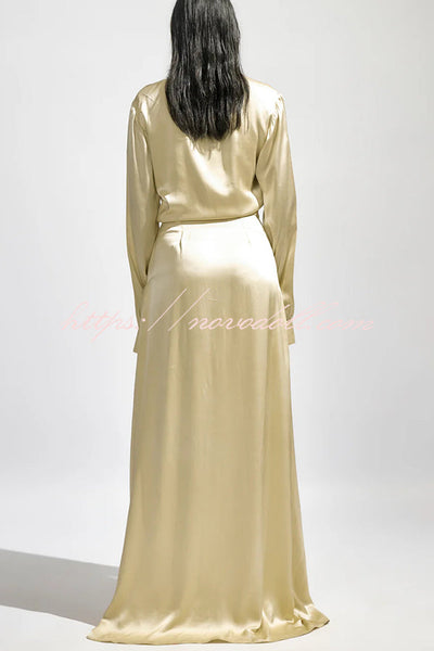 Elegance and Seduction Satin Ruched Detail Slit Shirt Maxi Dress