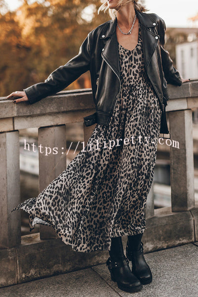 Minimal and Chic Leopard Print Long Sleeve A-line Slit Flowy Maxi Dress