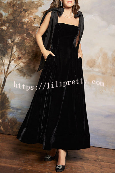 Romantic Type Velvet Bandeau Taffeta Bow Strap Pocketed Prom Maxi Dress