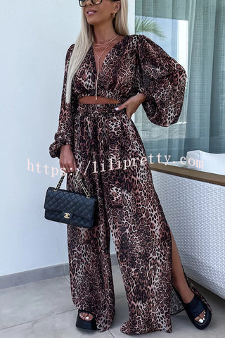 Lady Summer Leopard Print Lantern Sleeve Top and Elastic Waist Slit Pants Set