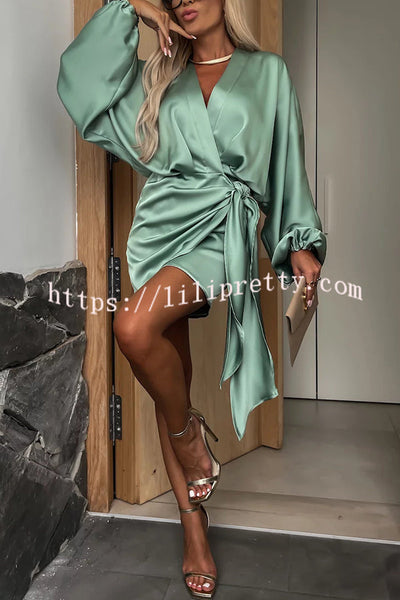 Luxurious Tokyo Satin Balloon Sleeve Wrap Tie-up Loose Mini Dress