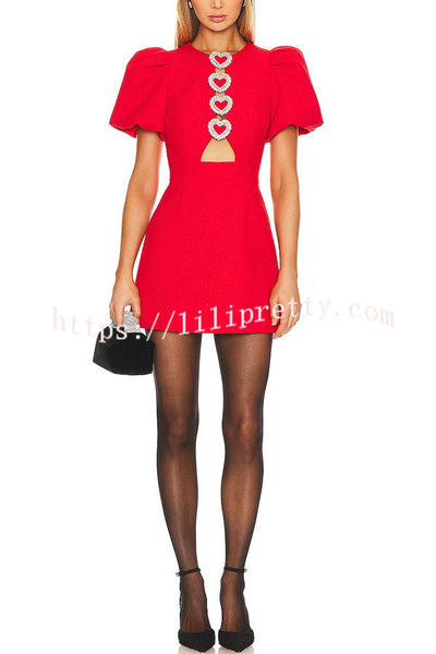 Playful and Cute Center Front Hollow Out Pendant Detail Puff Sleeve Mini Dress