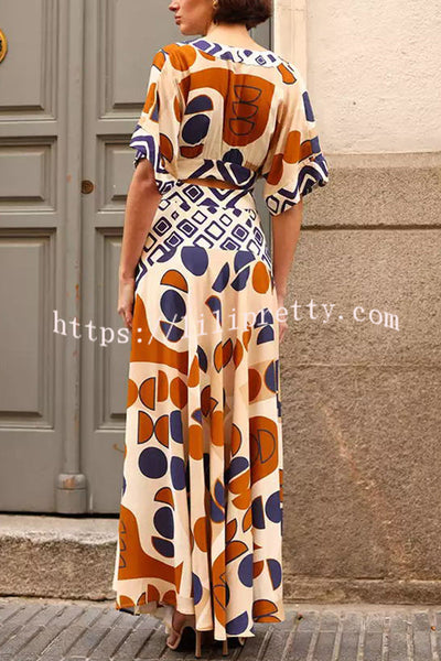 Alma Geometric Unique Print Cutout Waist Wide Sleeve Maxi Dress