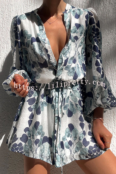 Lilianna Unique Floral Print Button Balloon Sleeve Tiered Loose Mini Dress