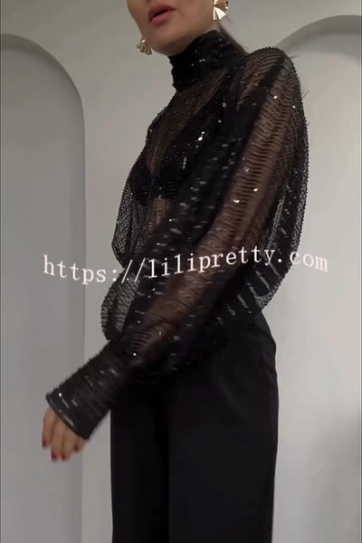 Shine All Night Sequin Turtleneck Long Batwing Sleeve Loose Blouse