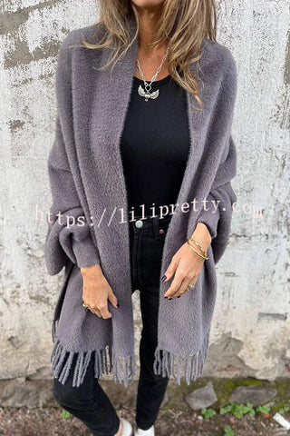 Warm Corner Knit Plush Tassel Trim Relaxed Shawl Cardigan