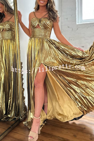 Queen Style Metallic Fabric Cross Neck Cutout Slit Pleated Maxi Dress