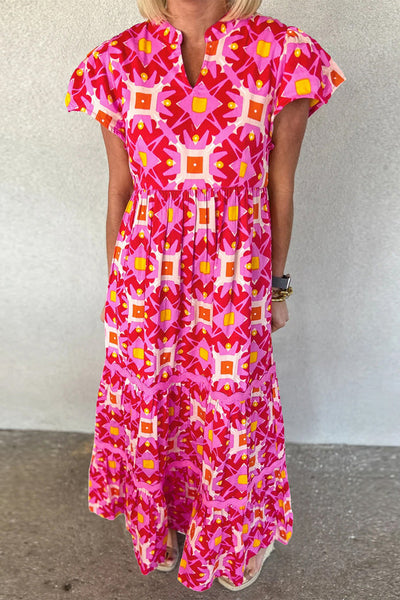 Strawberry Pink Abstract Print Pleated Flounce Sleeve Maxi Dress