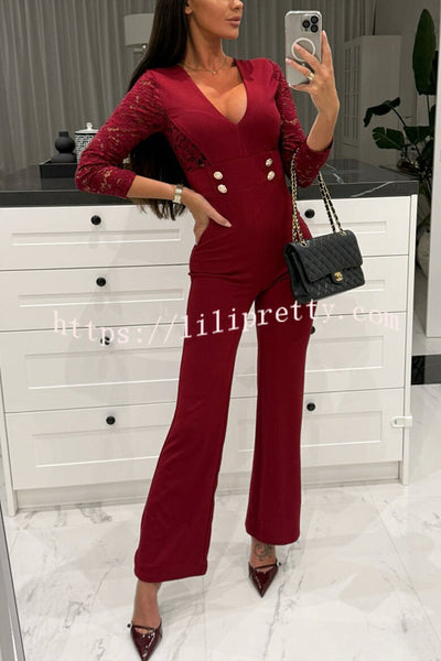 Call It Chic Lace Patchwork Metal Buckle Stretch Flare Jumpsuit