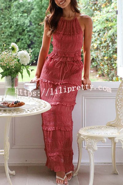 Feel Chic and Romantic Sequin Textured Material Back Elastic Halter Tie Tank and Drawstring Waist Tiered Maxi Skirt Set