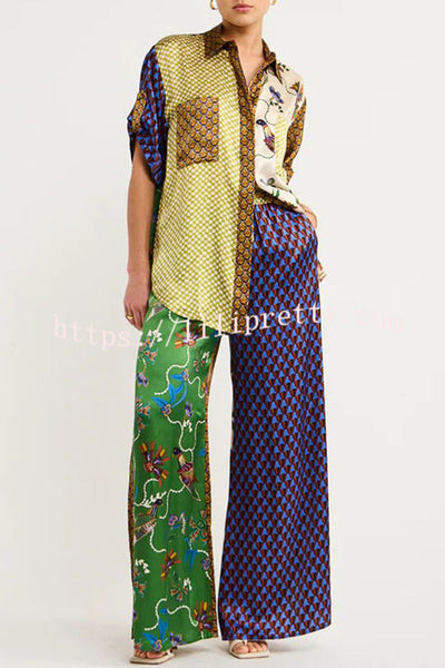 Lilipretty Nia Satin Unique Print Patchwork Elastic Waist Pocketed Wide Leg Pants