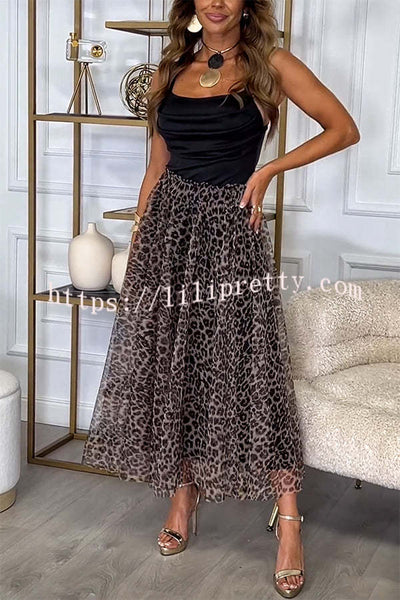 Chic Everyday Satin Paneled Leopard Print Mesh Cowl Neck Slip Midi Dress