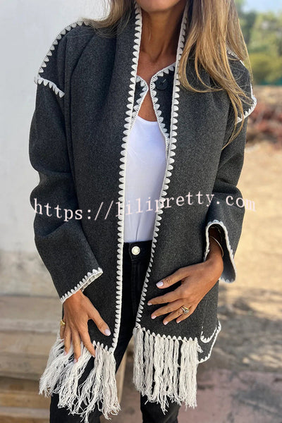 Stylish Loose Pocket Long Sleeve Coat and Warm Fringed Scarf