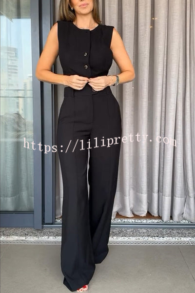 Office Lady Button Up Waisted Vest and High Rise Pocketed Loose Pants Set