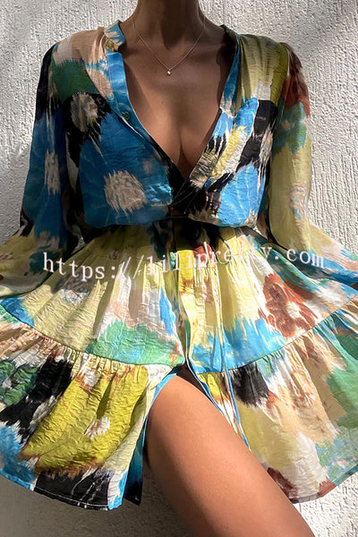 Indianna Unique Tie-dye Print Button Balloon Sleeve Tiered Loose Mini Dress