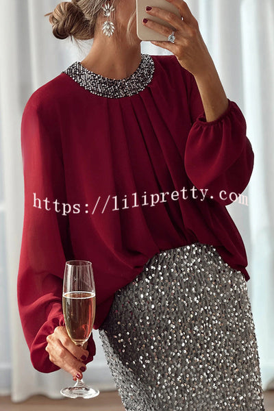 Party Romance Sequin Neck Ruched Balloon Sleeve Loose Blouse