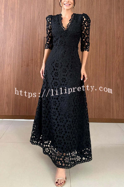 Best Day Ever Crochet Floral Lace Puff Sleeve Lined Maxi Dress