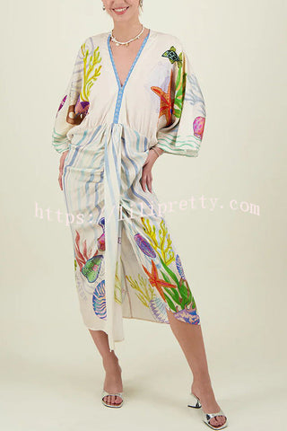 Coastal Seashell Satin Unique Print Drape Gathered Kimono Midi Dress