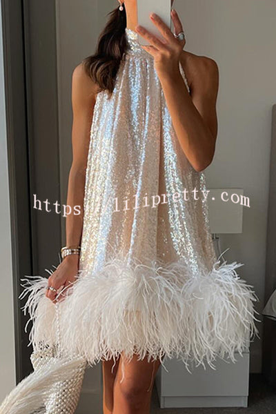 Dancefloor Elf Sequin Feather Trim High Neck A-line Mini Dress