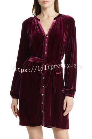 Solid Color Velvet Long-sleeved V-neck Lace-up Mini Dress