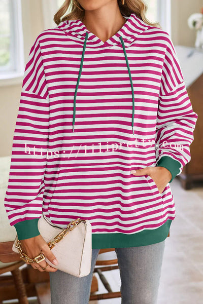 Striped Print Long Sleeve Pocket Loose Hoodie