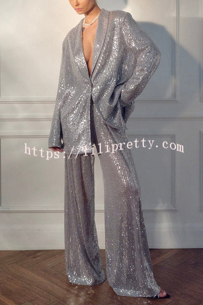 Solid Color Sequin Elastic Waist Elegant Loose Pants