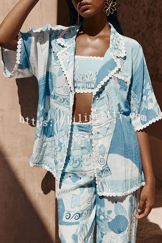 Tyra Ric Rac Trims Unique Print Pocket Button Down Loose Blouse